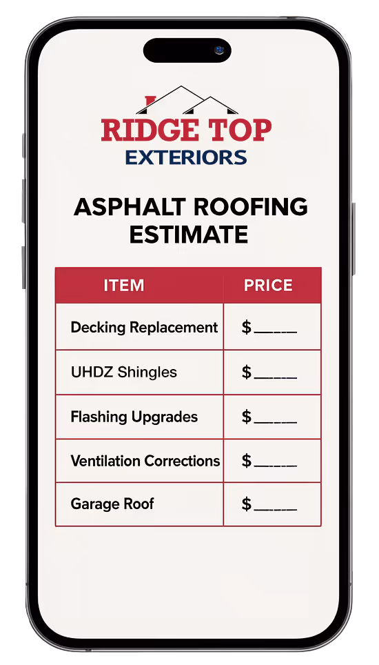 Florida asphalt shingle roof system diagram with synthetic underlayment, self-adhered leak barrier at eaves/valleys, ridge caps, and ventilation